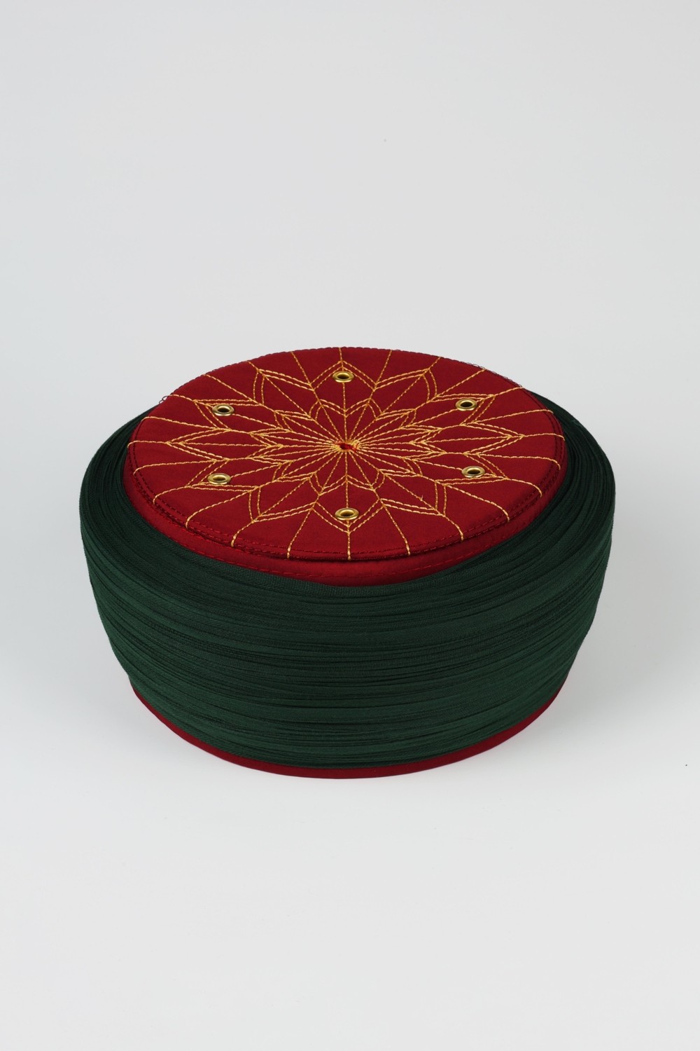 Sarıkhane Talebe Sarığı - Yeşil Kumaş - Bordo Takke - Yuvarlak Sarım - Kuş Gözü - 5 Metre