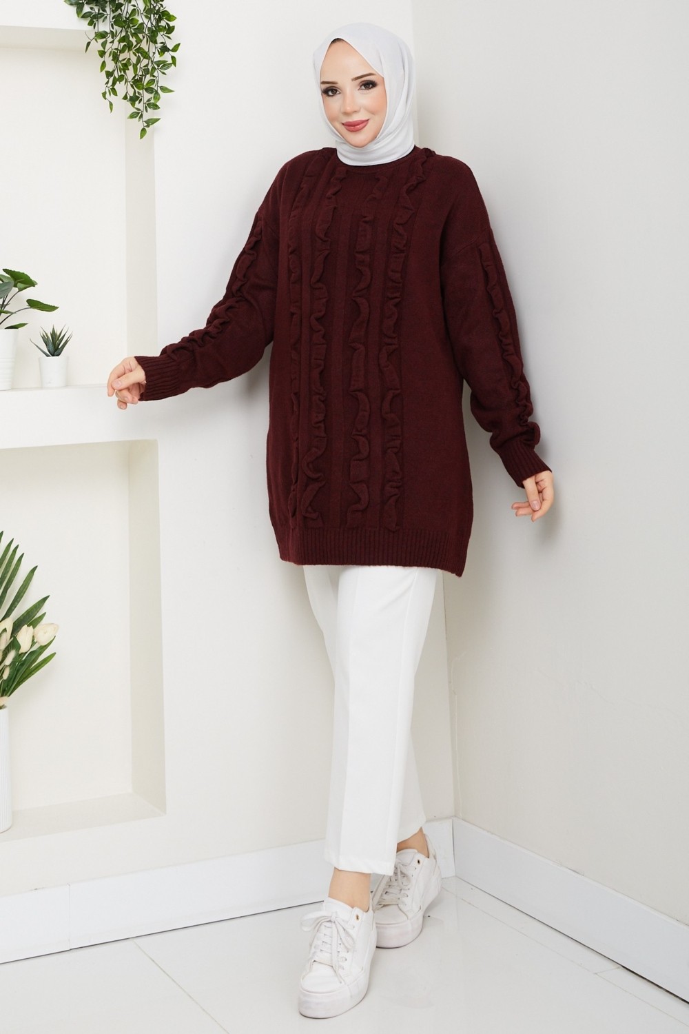 Pamuk Butik Kadın Fırfır Detaylı Kazak -PMK486 görsel 3