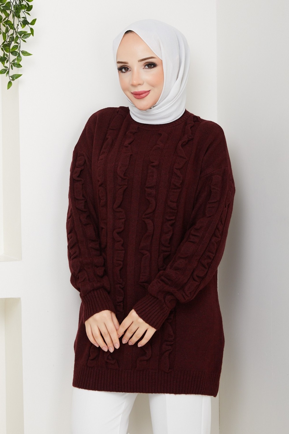 Pamuk Butik Kadın Fırfır Detaylı Kazak -PMK486 görsel 4