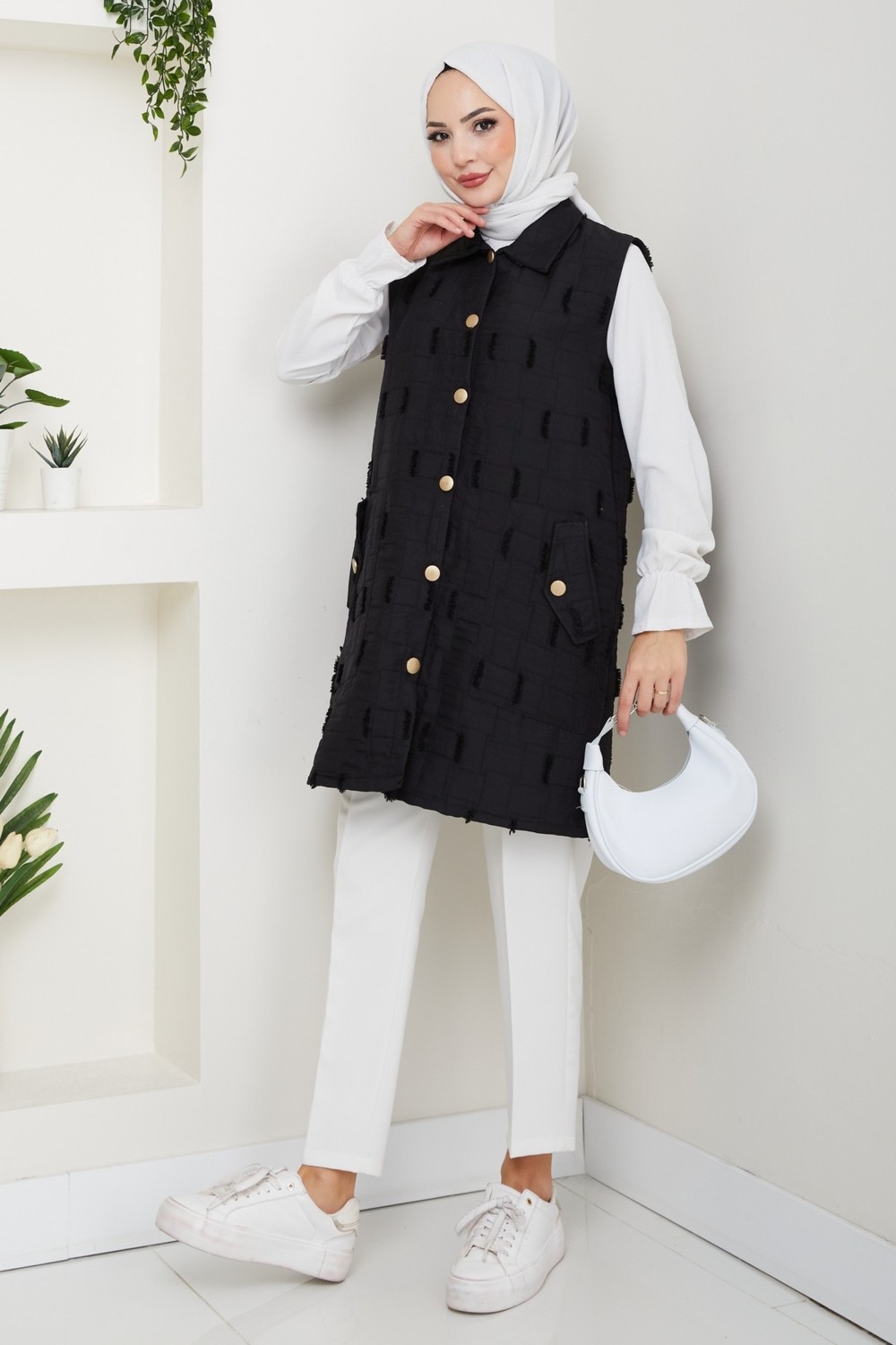Pamuk Butik Kadın Saçaklı Giy Çık Kapitone Yelek -PMK490 görsel 6