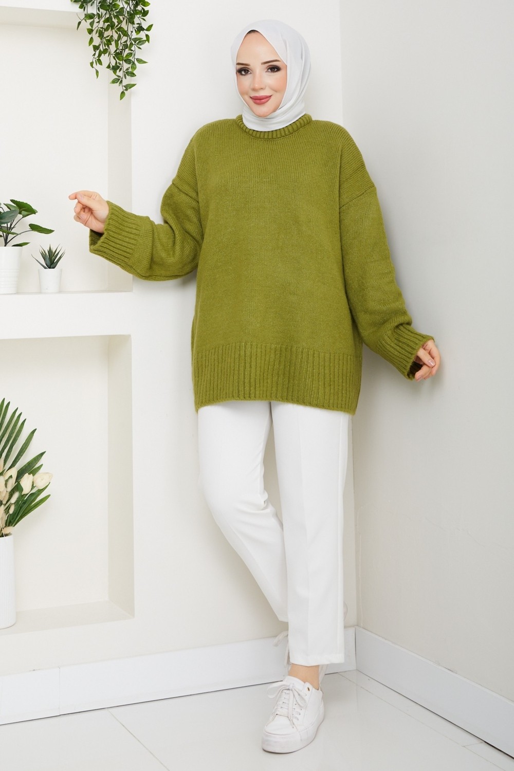 Pamuk Butik Kadın Bisiklet Yaka Oversize Triko Kazak -PMK485 görsel 2