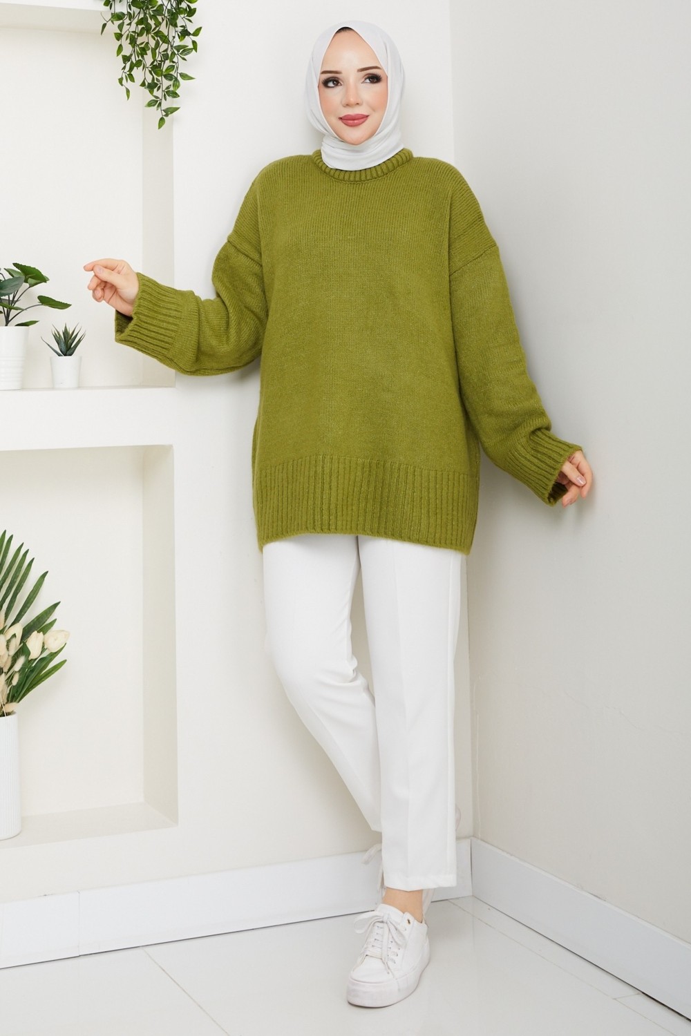 Pamuk Butik Kadın Bisiklet Yaka Oversize Triko Kazak -PMK485 görsel 3