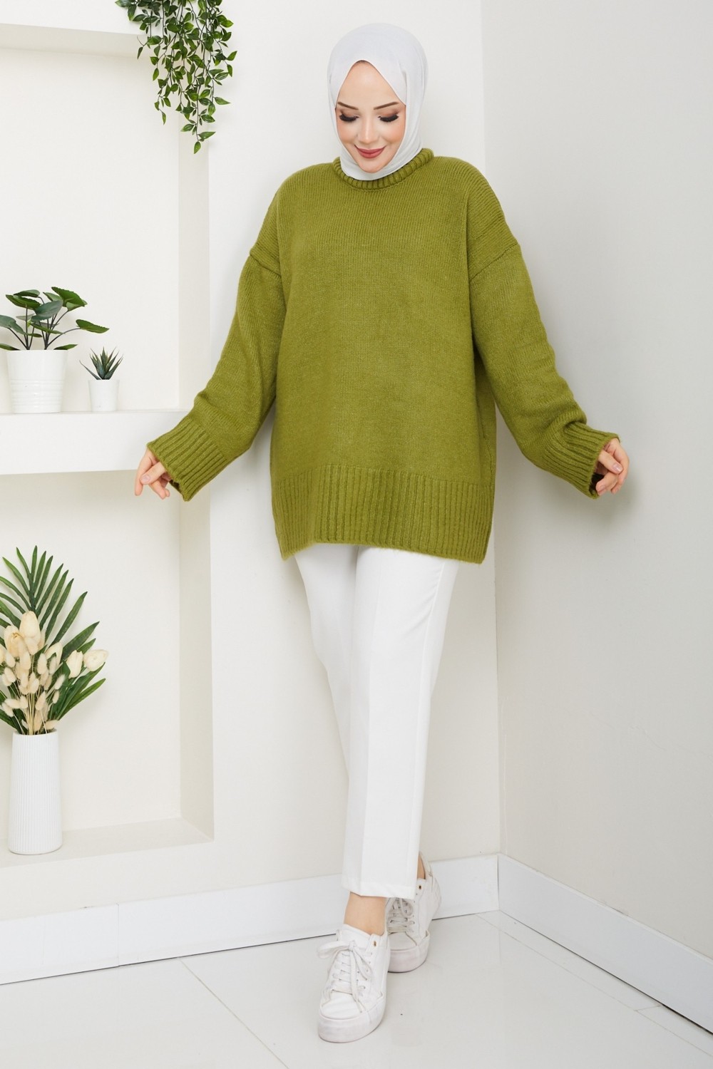 Pamuk Butik Kadın Bisiklet Yaka Oversize Triko Kazak -PMK485 görsel 4