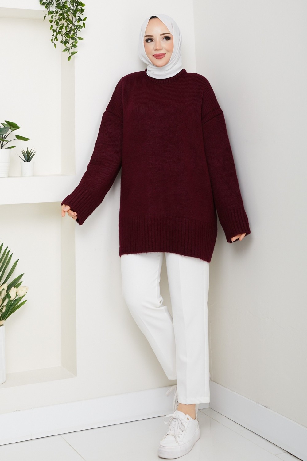 Pamuk Butik Kadın Bisiklet Yaka Oversize Triko Kazak -PMK485 görsel 7