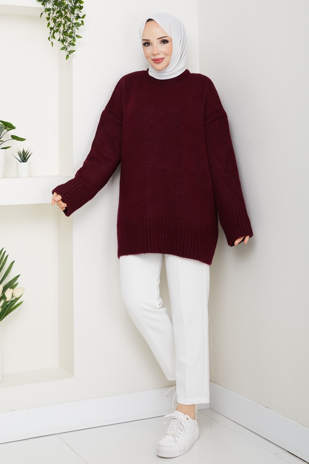 Pamuk Butik Kadın Bisiklet Yaka Oversize Triko Kazak -PMK485 görsel 8