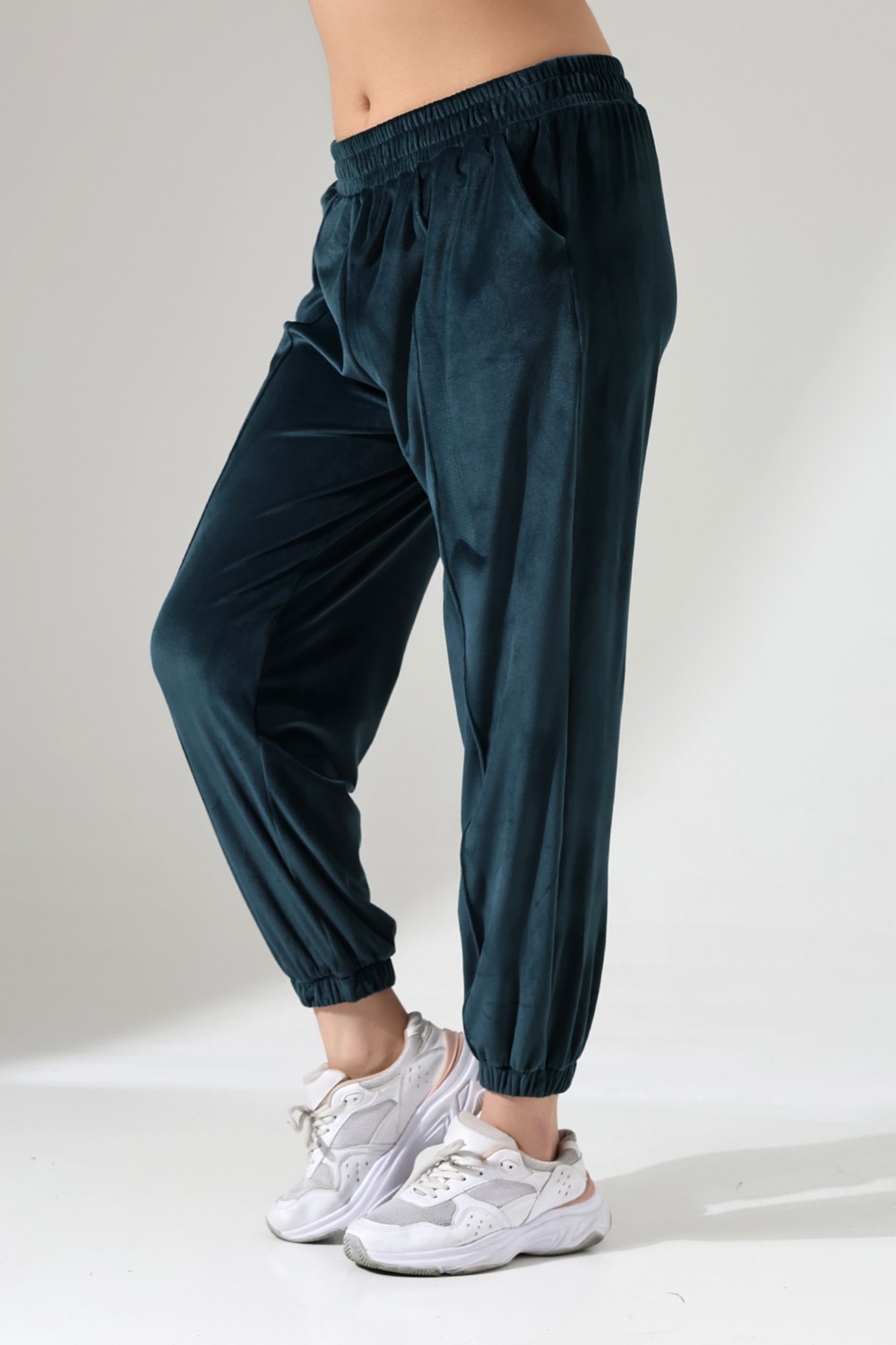 Win Moda WİNMODA Kadın 2XL Battal Kadife Paçalı Eşofman Altı Lastikli Paça Petrol Yeşili Yumuşak Örme Kumaş görsel 6