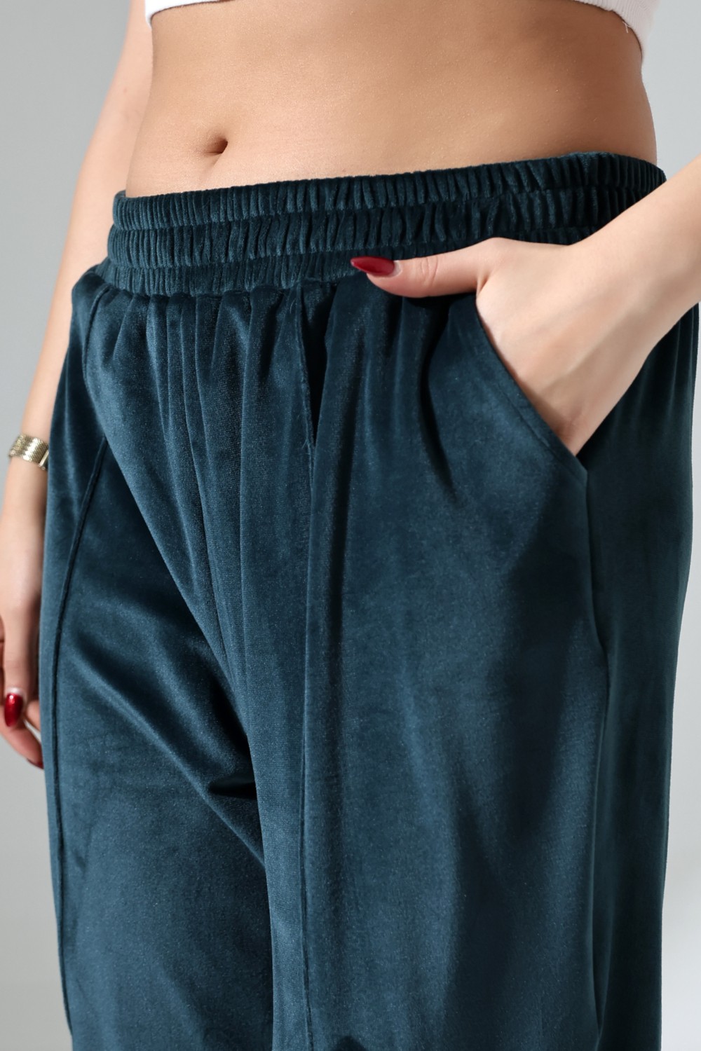 Win Moda WİNMODA Kadın 2XL Battal Kadife Paçalı Eşofman Altı Lastikli Paça Petrol Yeşili Yumuşak Örme Kumaş görsel 7