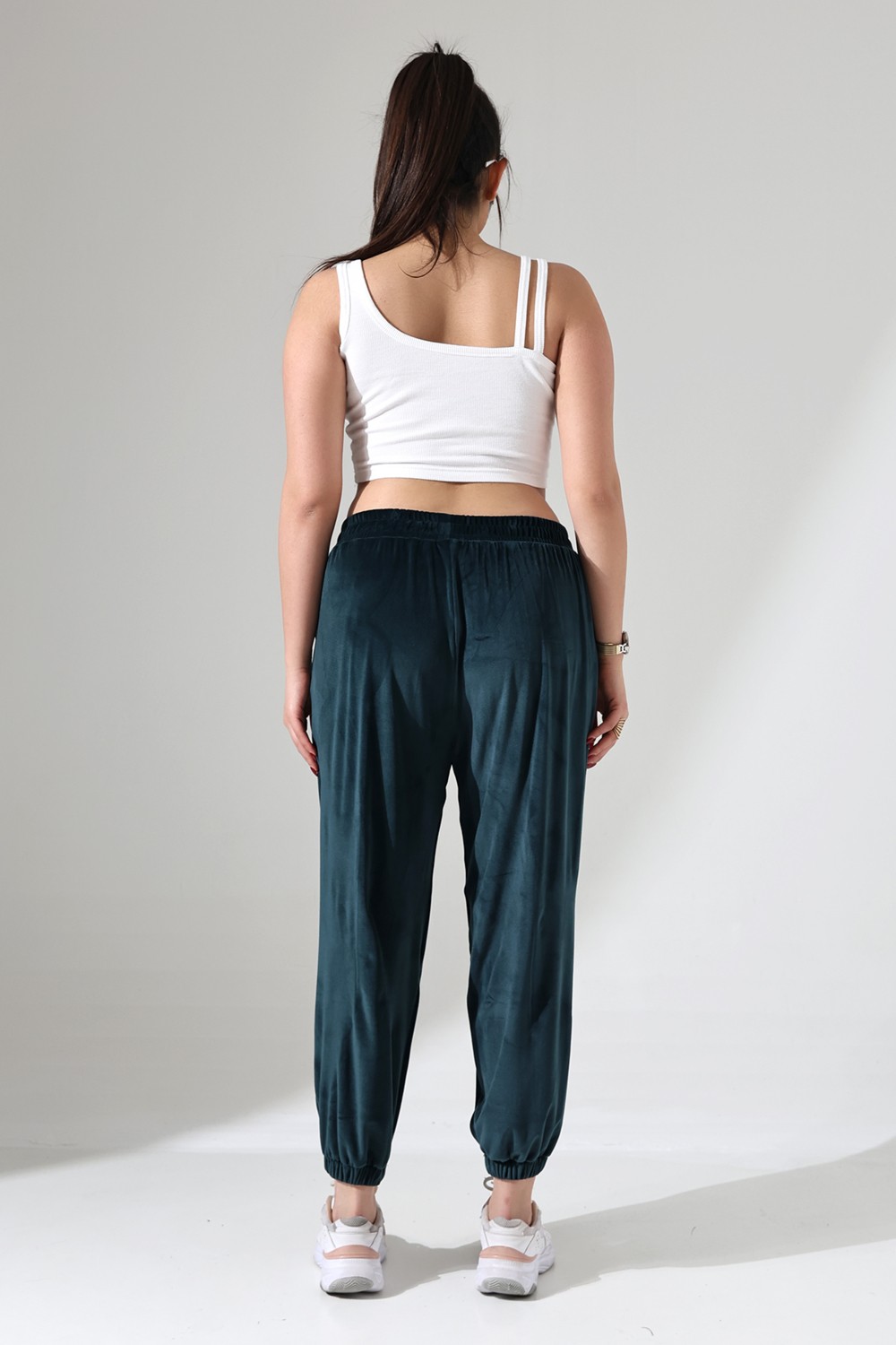 Win Moda WİNMODA Kadın 2XL Battal Kadife Paçalı Eşofman Altı Lastikli Paça Petrol Yeşili Yumuşak Örme Kumaş görsel 8