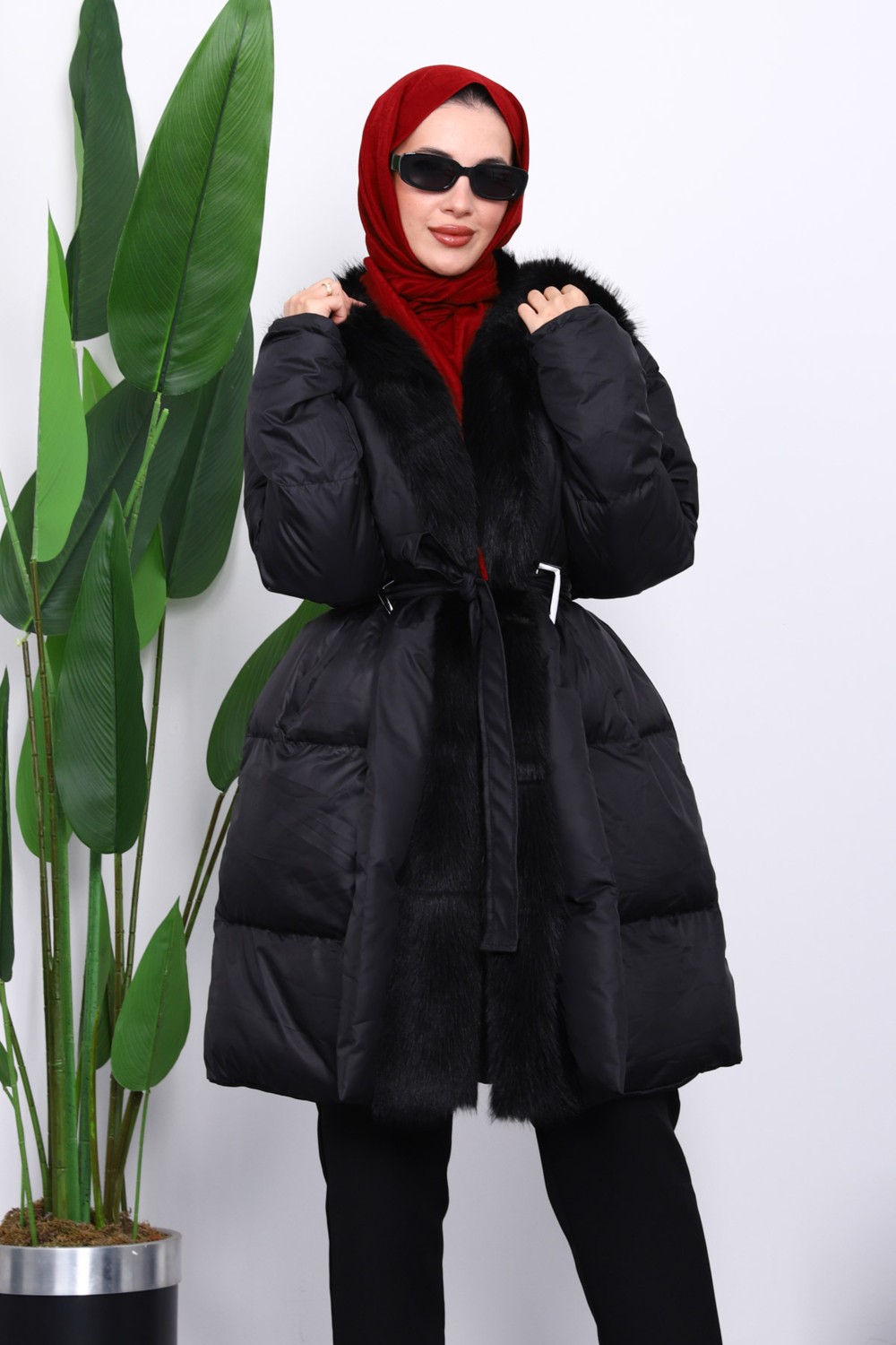 İmaj Butik Taş Yaka Kürklü Kemer Detaylı Şişme Mont görsel 7