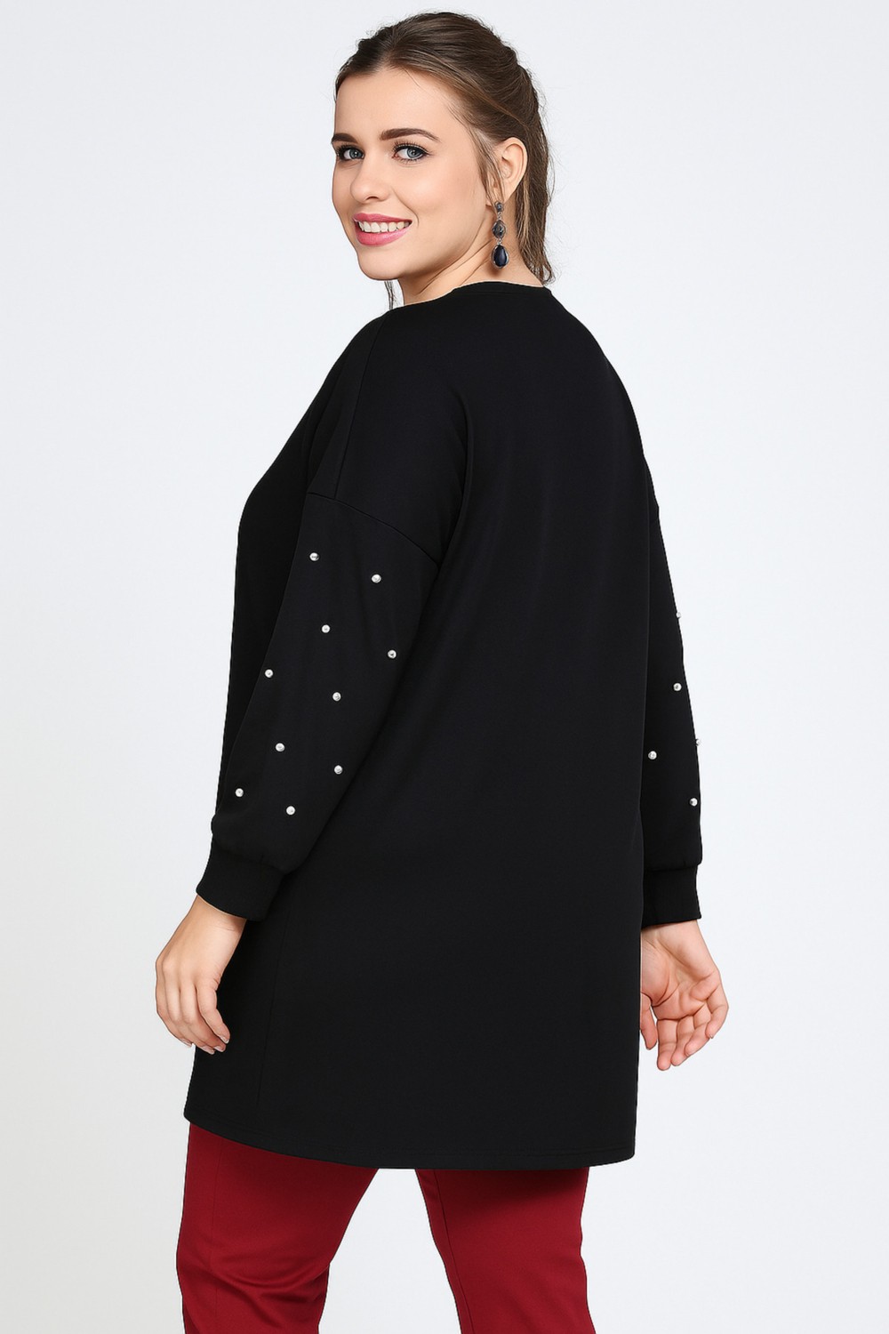 Curvy Trend Büyük Beden Curvy Trend Kolları İncili Uzun Kol Tunik Siyah Renk Düz Desen ile Rahat Günlük Stil görsel 3