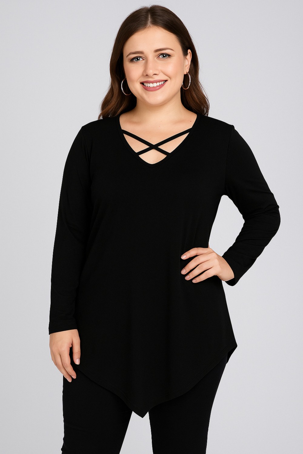 Curvy Trend Büyük Beden Yaka Çapraz Biyeli Üçgen Etek Uzun Kol Bluz