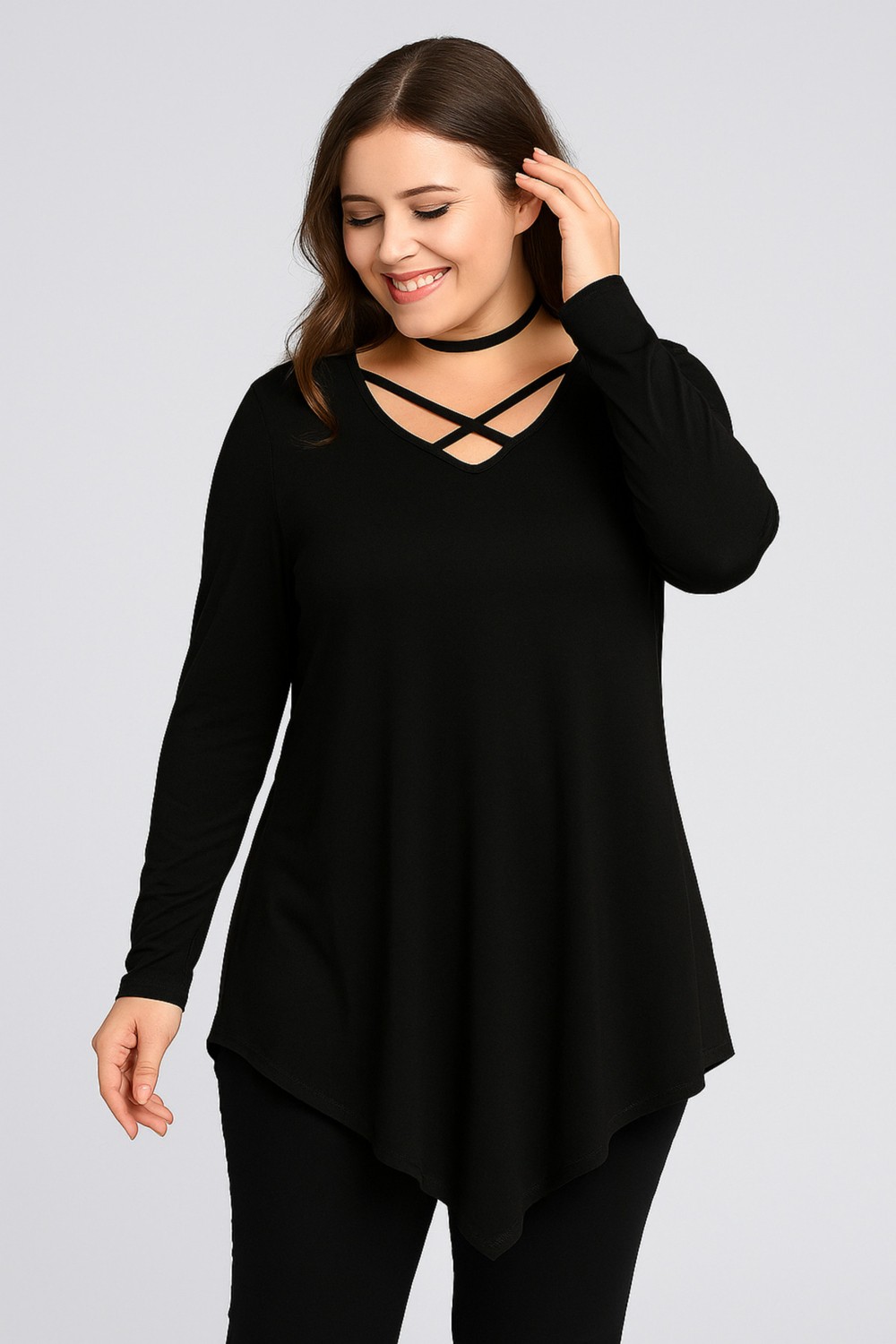 Curvy Trend Büyük Beden Yaka Çapraz Biyeli Üçgen Etek Uzun Kol Bluz görsel 2