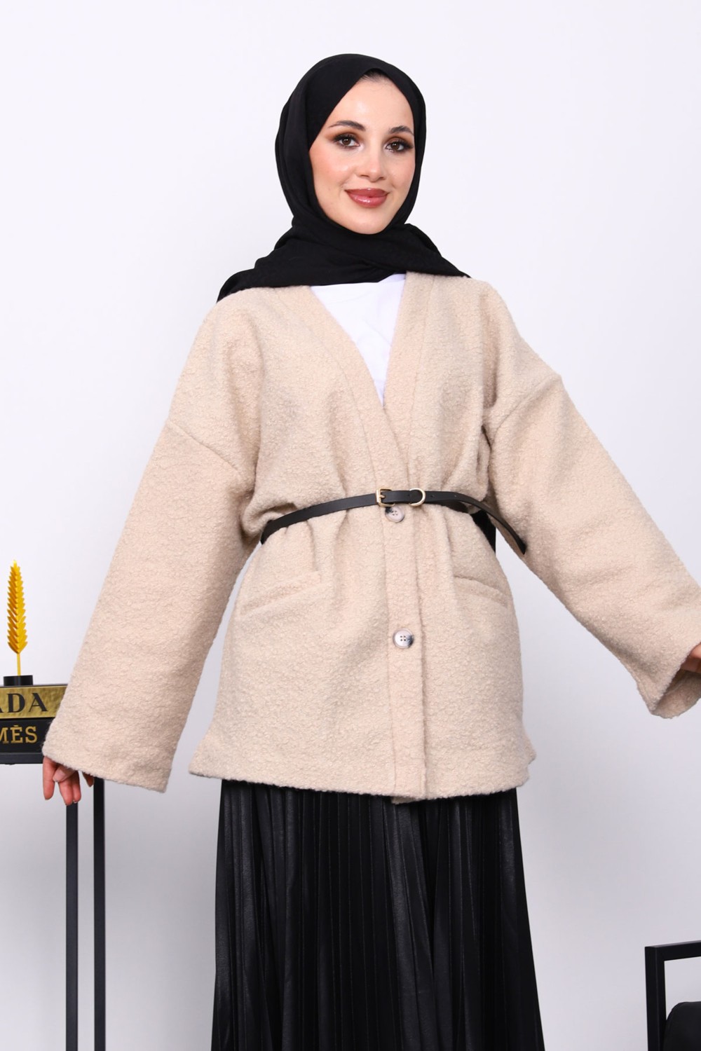 İmaj Butik Ekru Kemerli Oversize Buklet Ceket