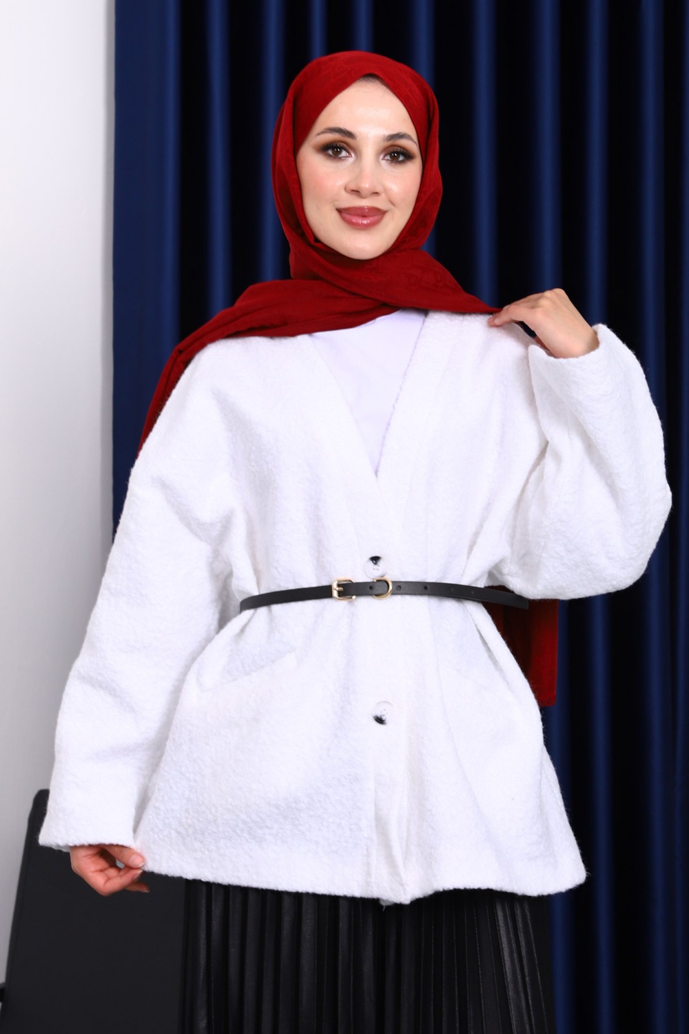 İmaj Butik Ekru Kemerli Oversize Buklet Ceket görsel 5