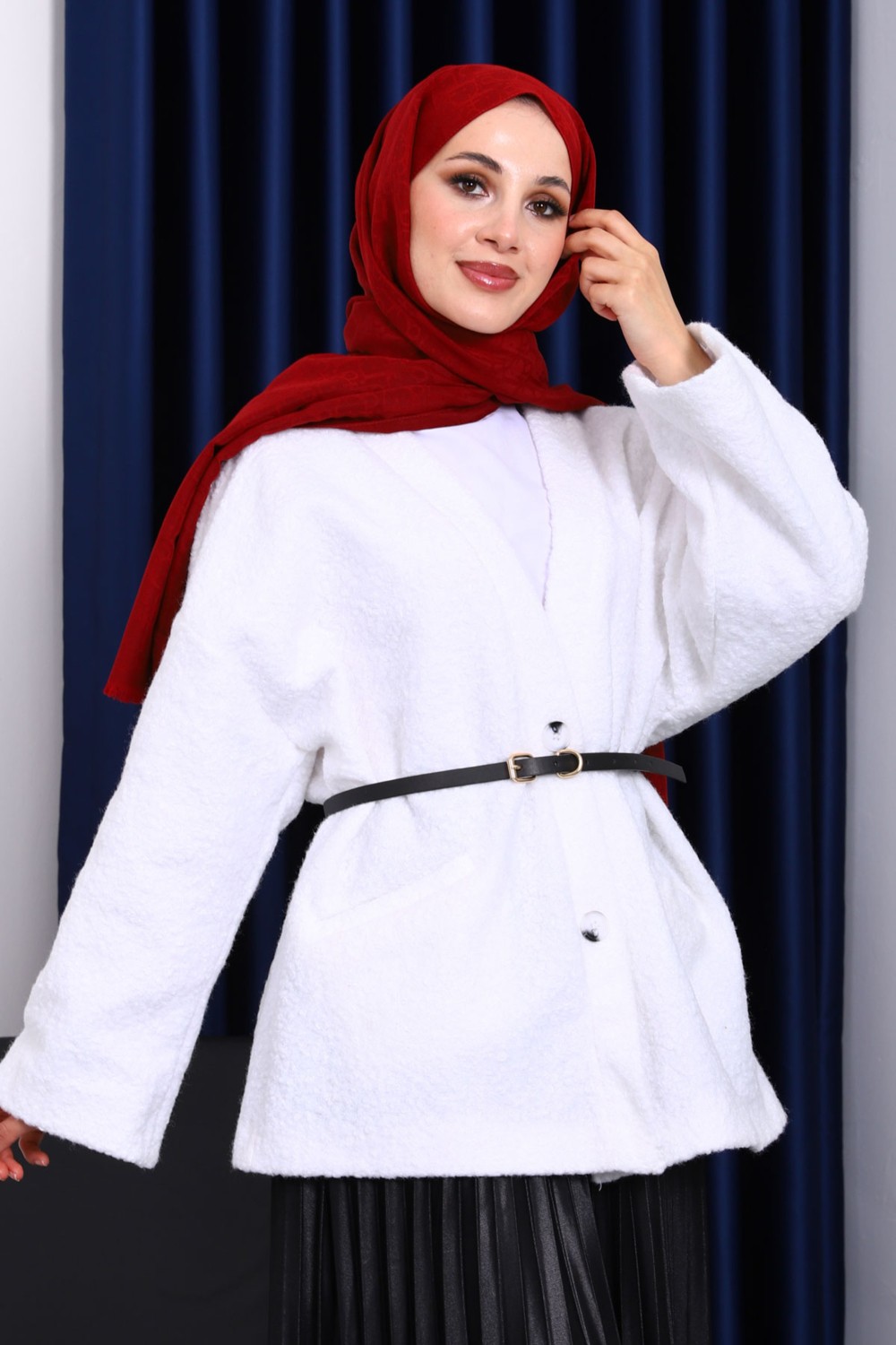 İmaj Butik Ekru Kemerli Oversize Buklet Ceket görsel 6