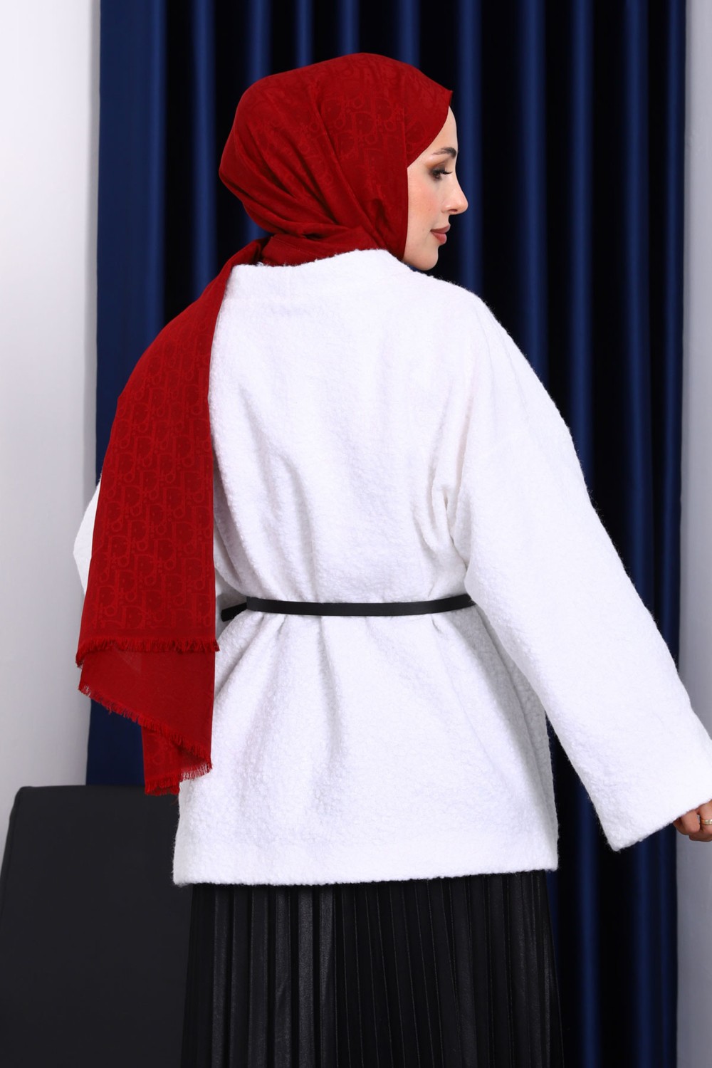İmaj Butik Ekru Kemerli Oversize Buklet Ceket görsel 7