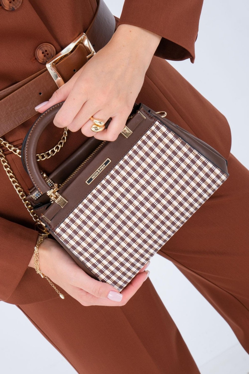 Silver & Polo Silver Polo Kahve Sarı - Kahve Ekose Line Kare Kadın El Çantası SP1193 görsel 8