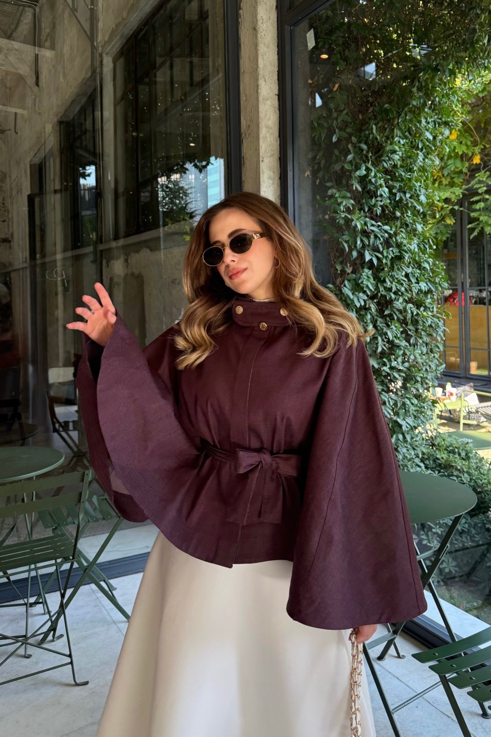 Emnora Gold Düğmeli Denim Panço Burgonya