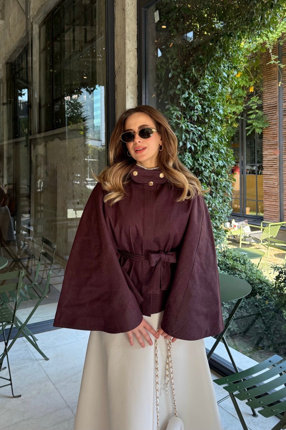 Emnora Gold Düğmeli Denim Panço Burgonya görsel 2