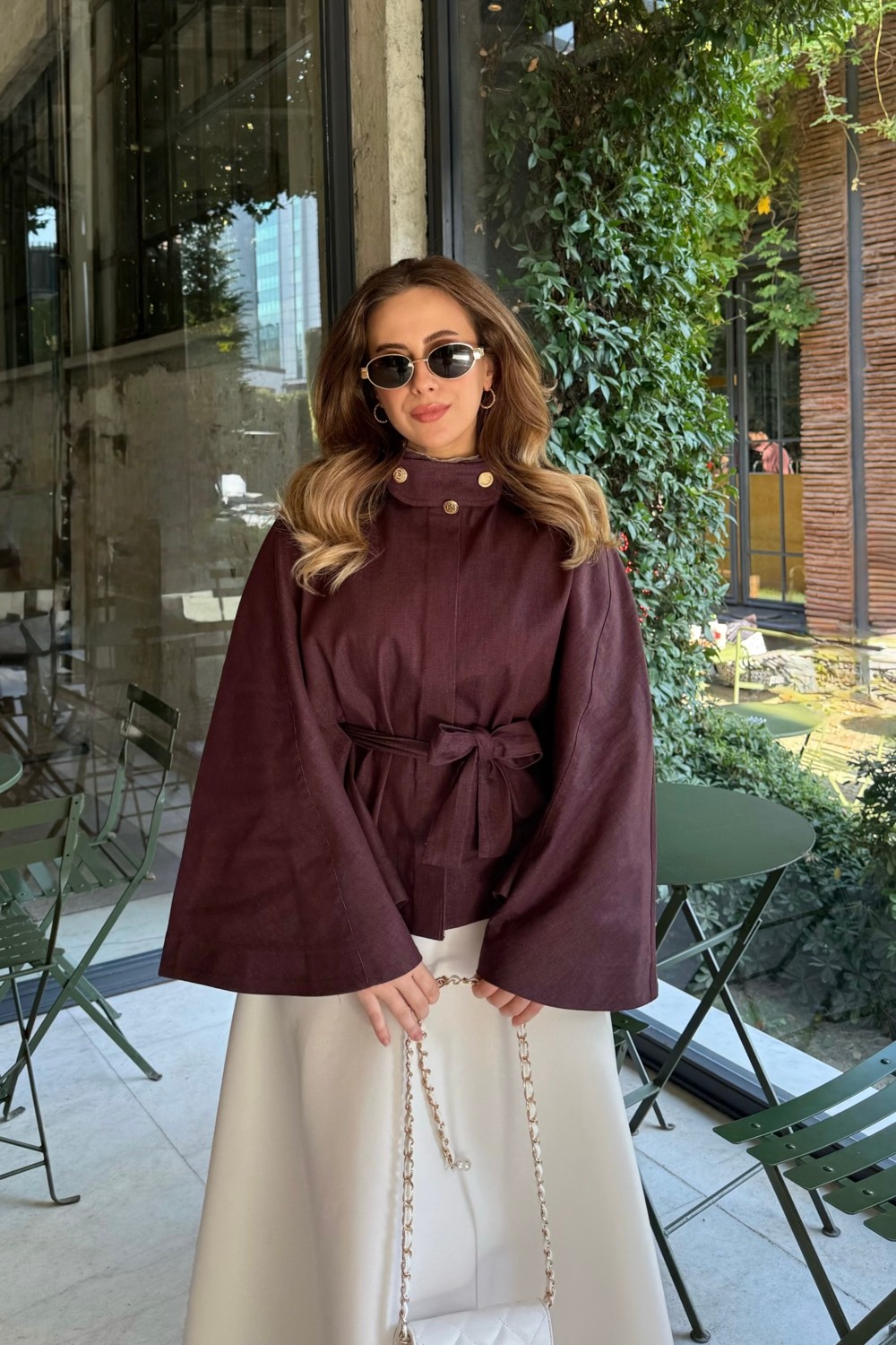 Emnora Gold Düğmeli Denim Panço Burgonya görsel 4