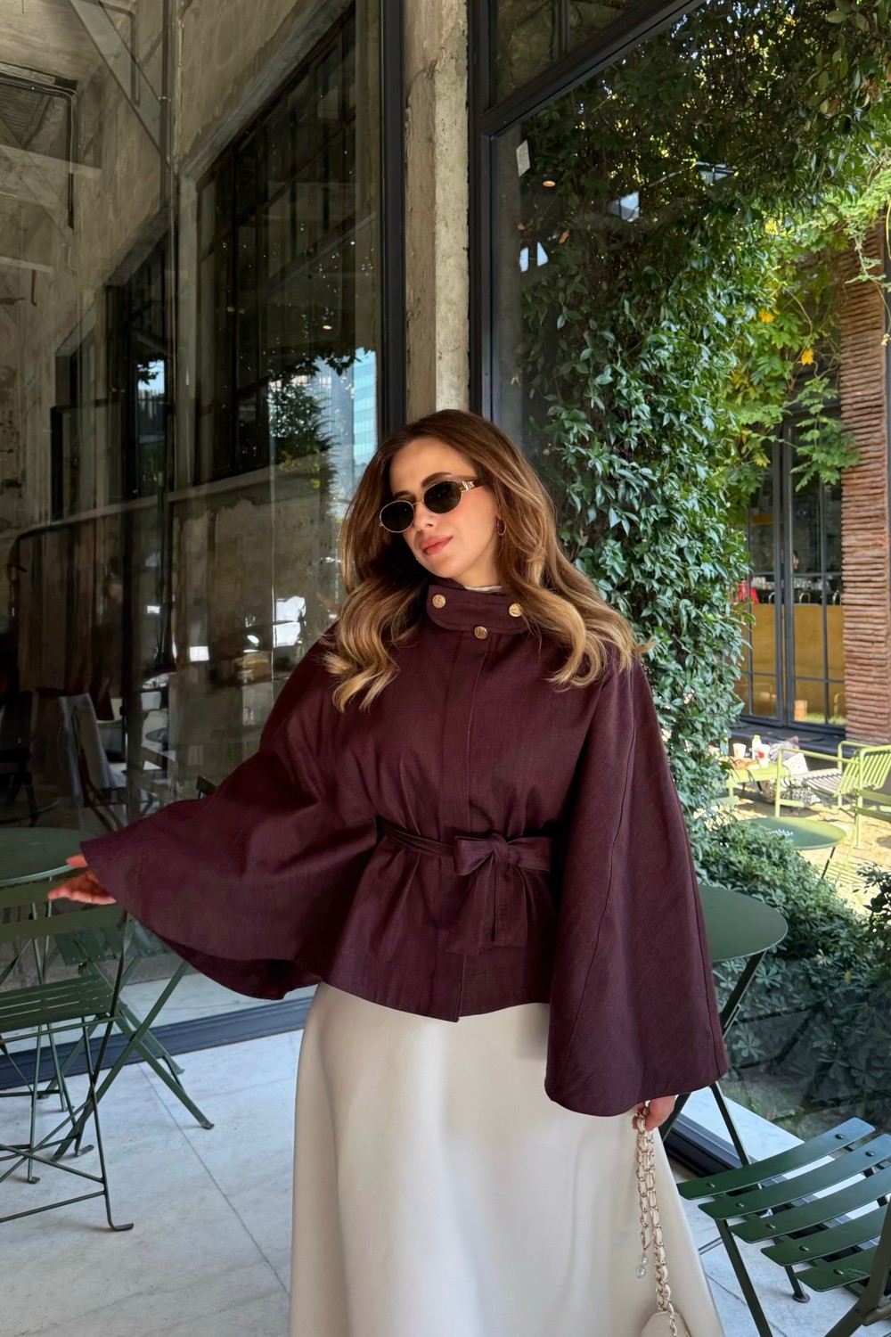 Emnora Gold Düğmeli Denim Panço Burgonya görsel 5