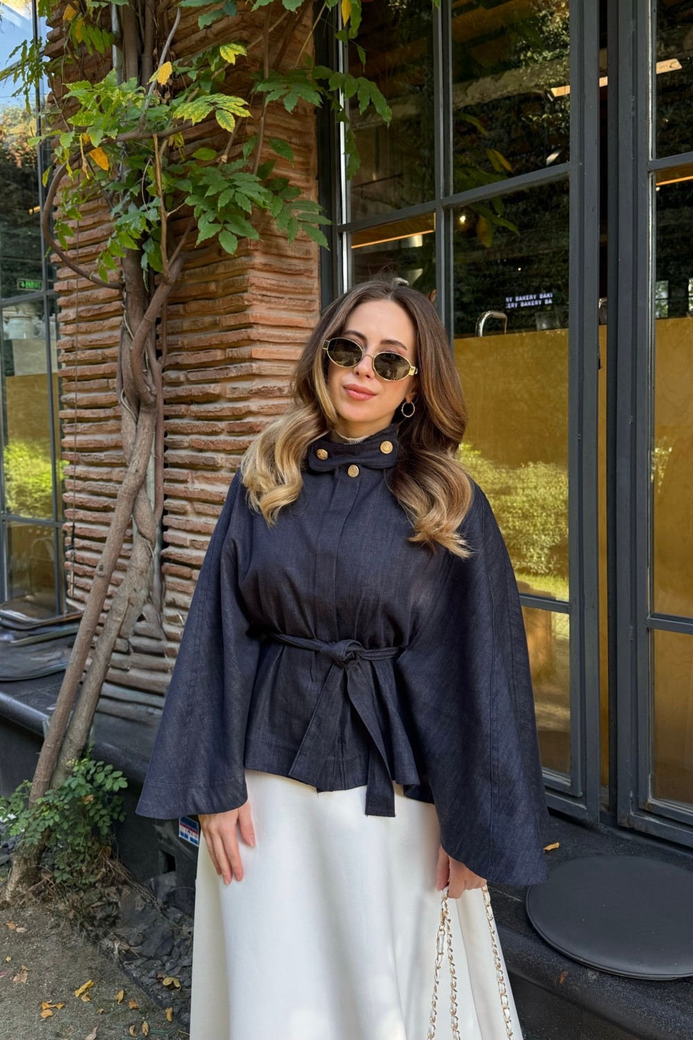 Emnora Gold Düğmeli Denim Panço Lacivert görsel 5