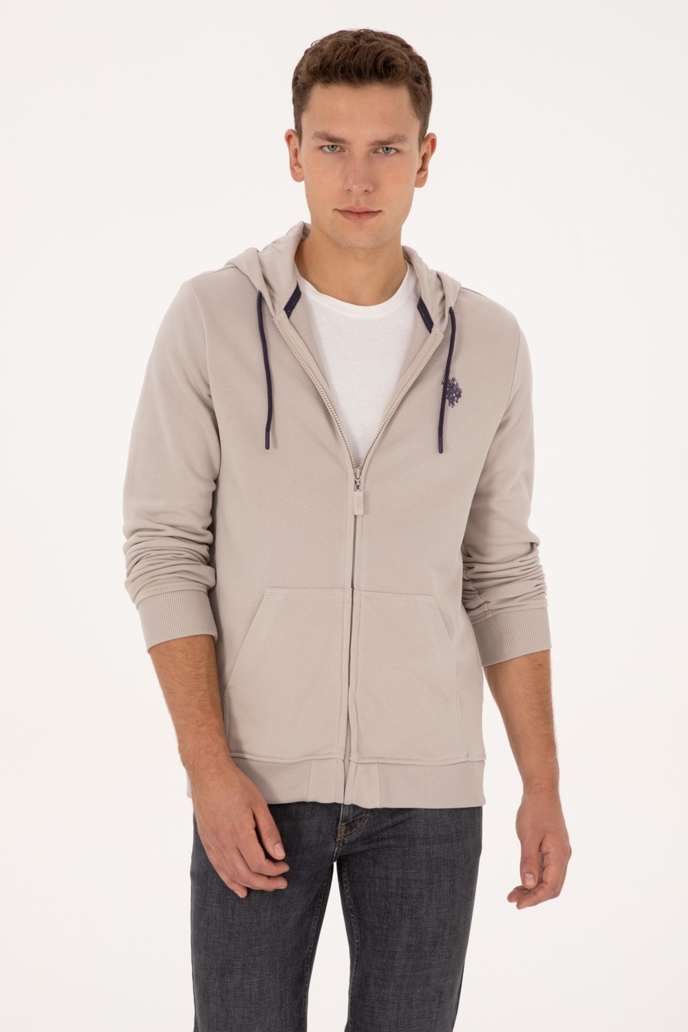 U.S. Polo Assn. Erkek Regular Fit Fermuarlı Kapüşonlu Açık Gri Örme Hırka 50313748-VR001