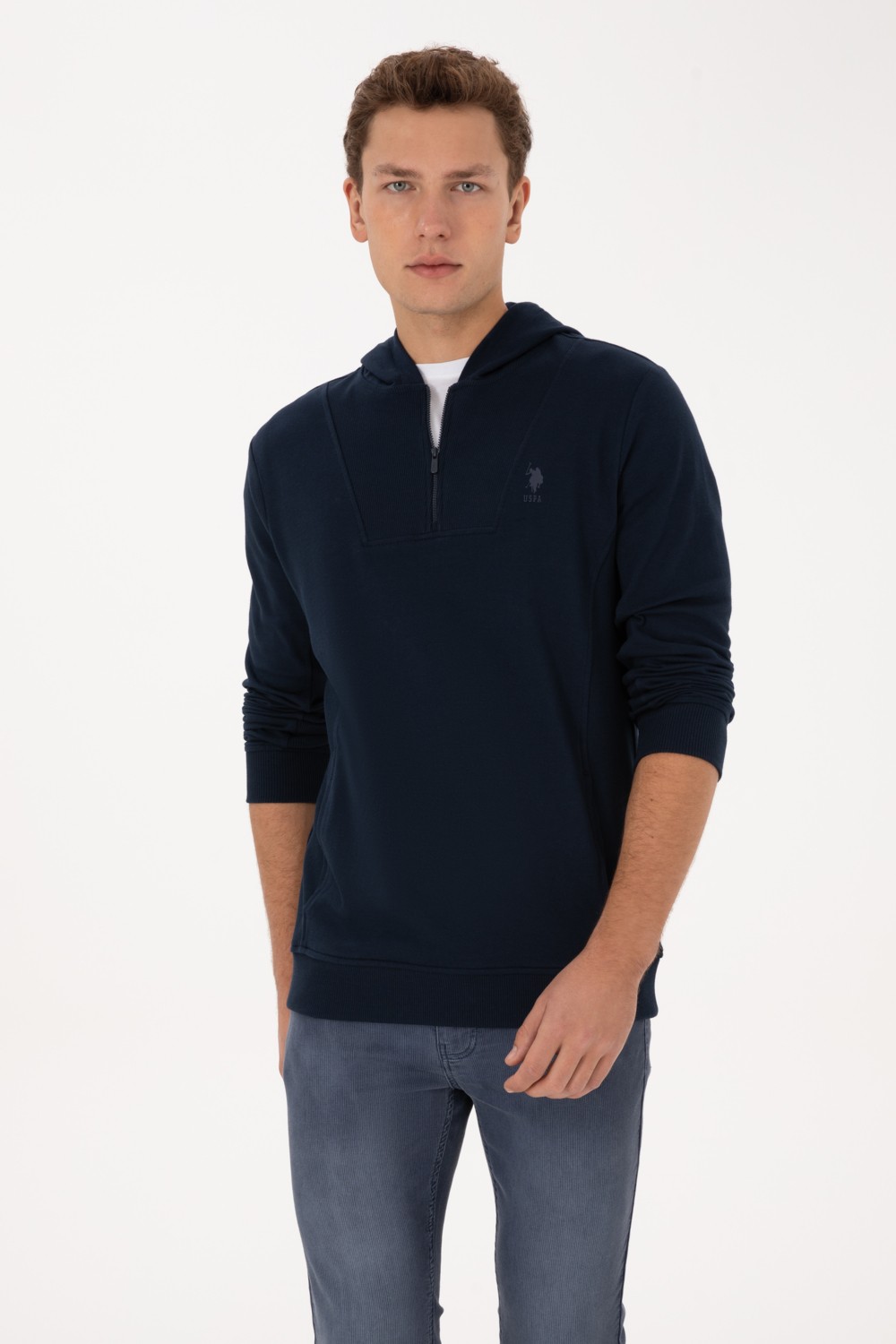 U.S. Polo Assn. Erkek Regular Fit Yarım Fermuarlı Kapüşonlu Lacivert Sweatshirt 50316391-VR033