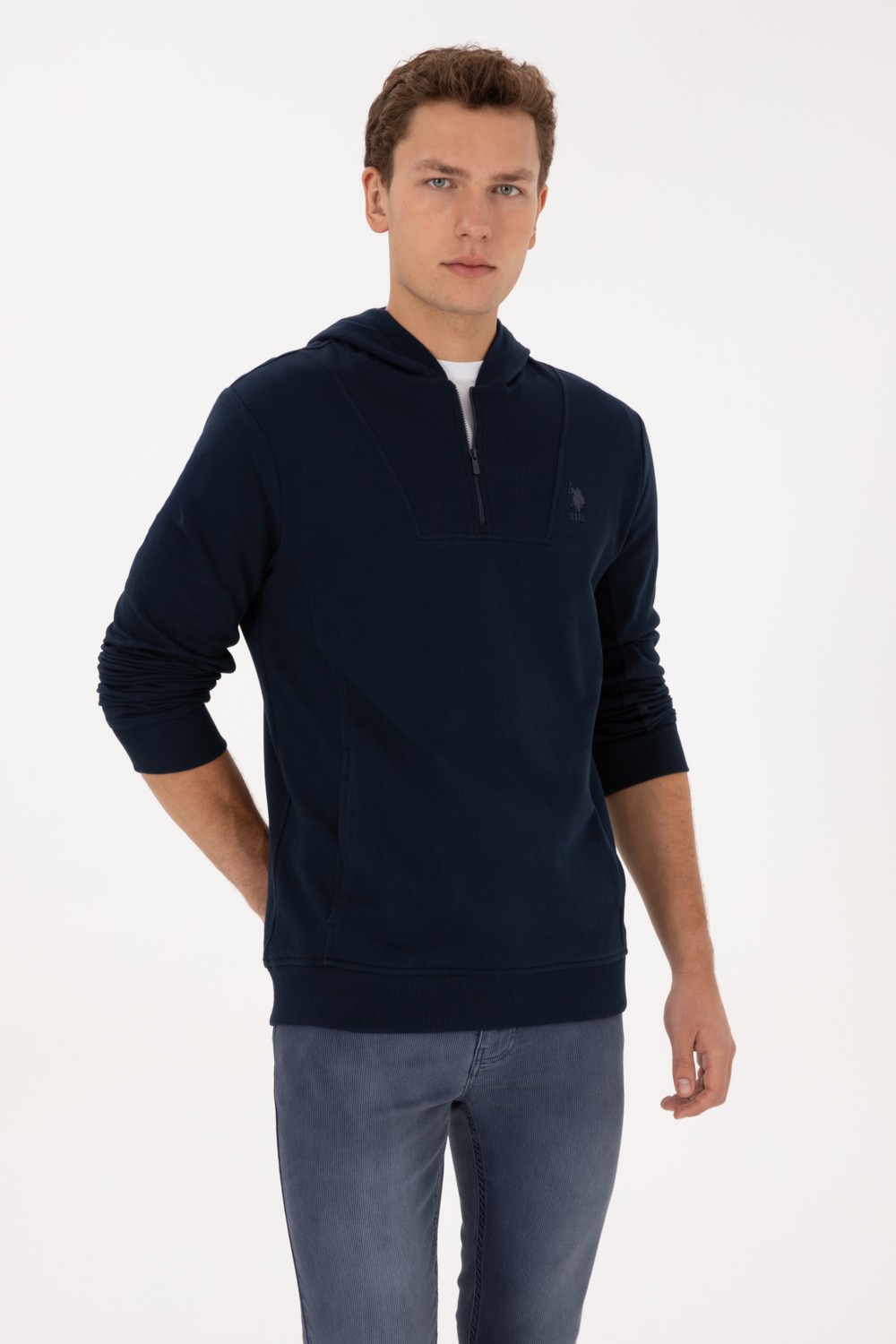 U.S. Polo Assn. Erkek Regular Fit Yarım Fermuarlı Kapüşonlu Lacivert Sweatshirt 50316391-VR033 görsel 3