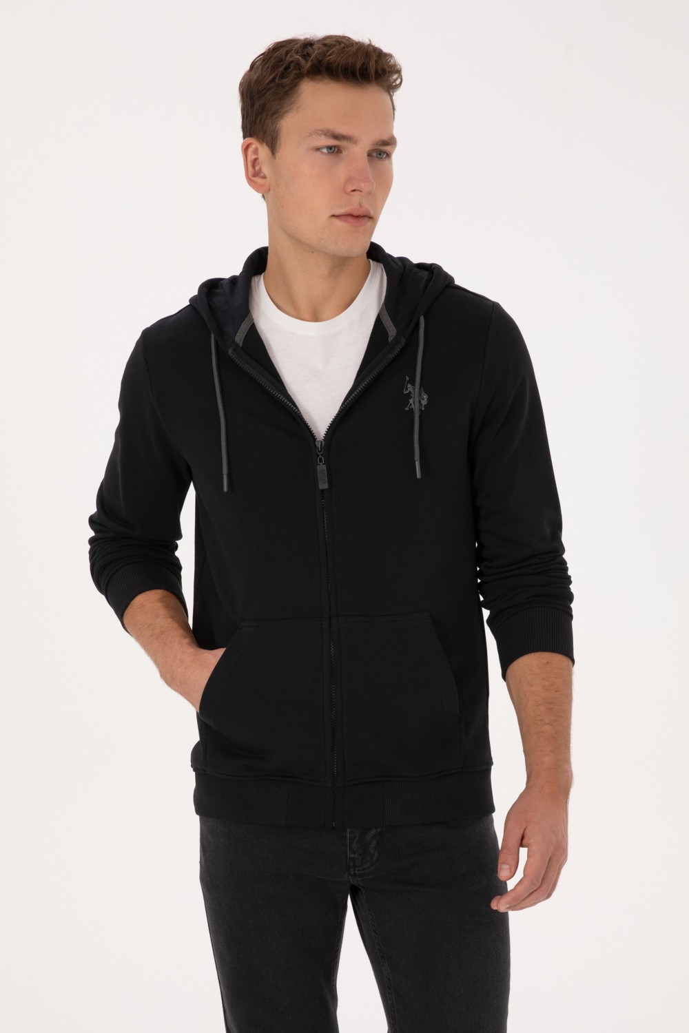 U.S. Polo Assn. Erkek Regular Fit Fermuarlı Kapüşonlu Açık Gri Örme Hırka 50313748-VR001