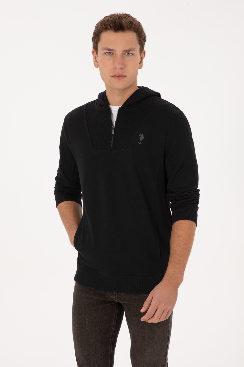 U.S. Polo Assn. Erkek Regular Fit Yarım Fermuarlı Kapüşonlu Lacivert Sweatshirt 50316391-VR033