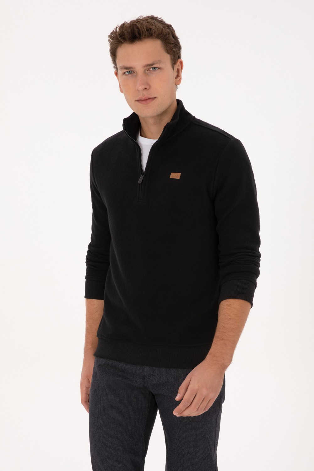 U.S. Polo Assn. Erkek Regular Fit Yarım Fermuarlı Şardonlu Polo Yaka Siyah Basic Sweatshirt 50313802-VR046