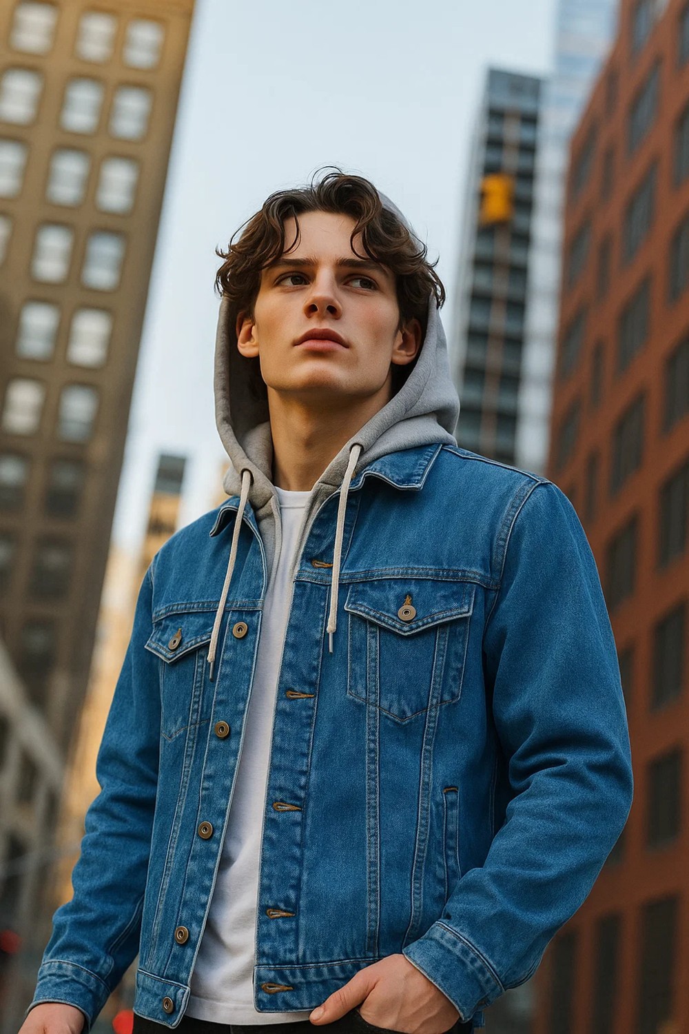 Damga Erkek Mevsimlik Kapşonlu Mavi Bol Kot Mont