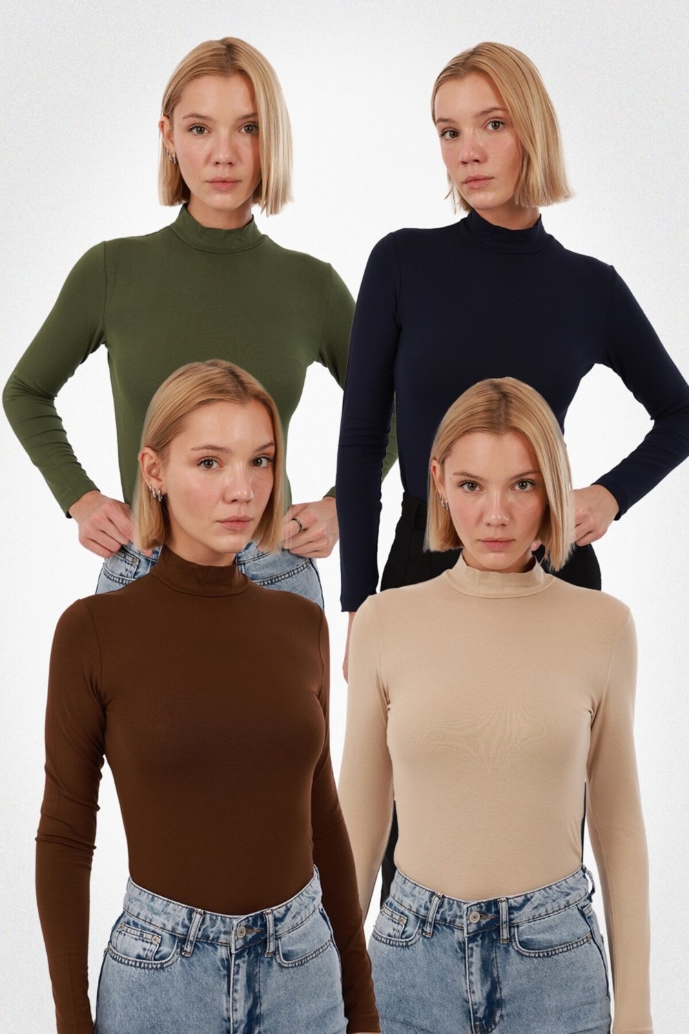 Yade Fashion Kadın Uzun Kollu Balıkçı Yaka Body 4’lü Set, Siyah Beyaz Kahverengi Haki