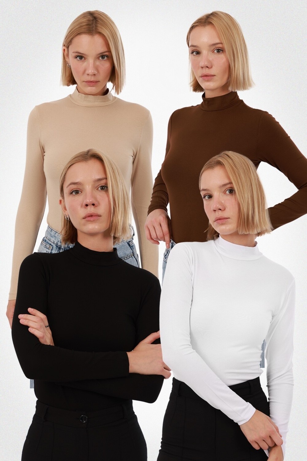 Yade Fashion Kadın Uzun Kollu Balıkçı Yaka Body 4’lü Set, Siyah Beyaz Kahverengi Haki görsel 7