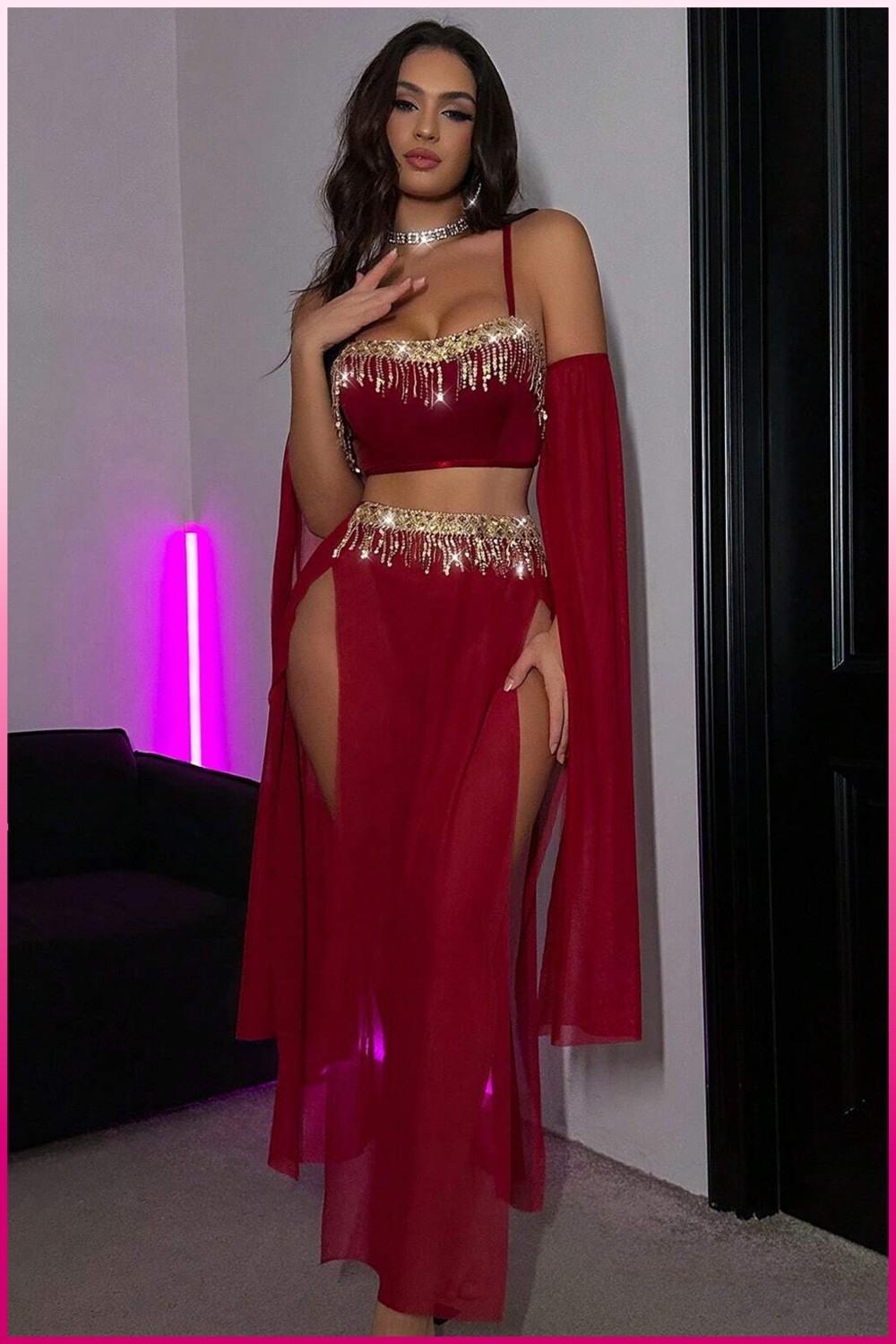 Pink Store Fantazi Dansöz Kadın Seksi Pullu Şık Altın Detaylı Transparan Oryantel Fantezi Gece Kostümü görsel 3