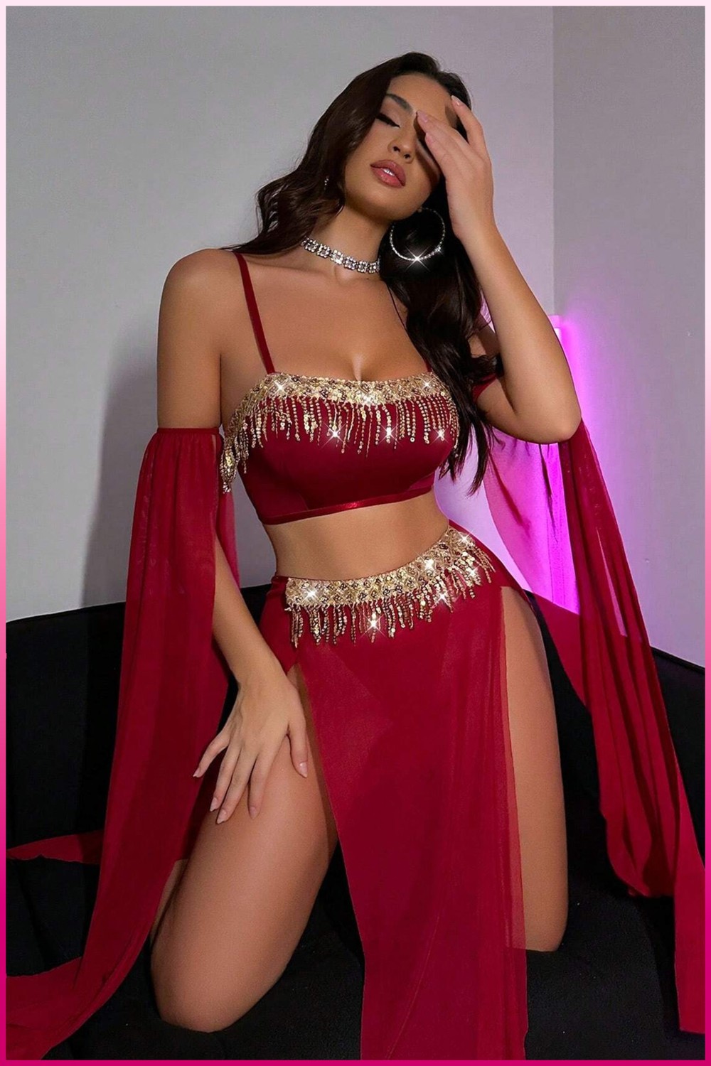 Pink Store Fantazi Dansöz Kadın Seksi Pullu Şık Altın Detaylı Transparan Oryantel Fantezi Gece Kostümü görsel 4