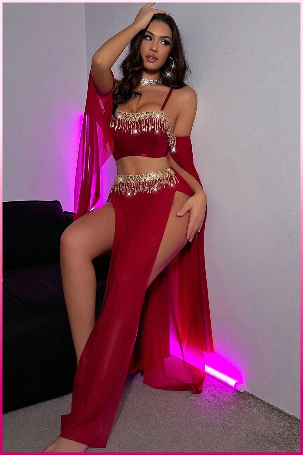 Pink Store Fantazi Dansöz Kadın Seksi Pullu Şık Altın Detaylı Transparan Oryantel Fantezi Gece Kostümü görsel 6