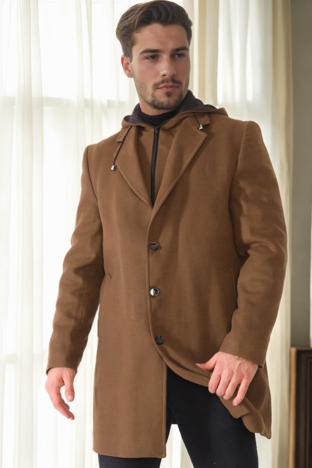 Dewberry Erkek Palto Koyu Gri %70 Yün %30 Polyester Orta Kalınlık Düz Desenli Uzun Kol PLT9376