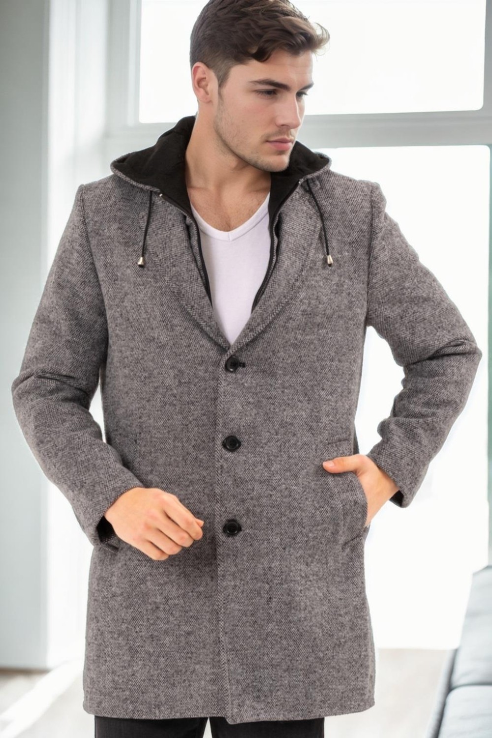 Dewberry Erkek Palto Koyu Gri %70 Yün %30 Polyester Orta Kalınlık Düz Desenli Uzun Kol PLT9376
