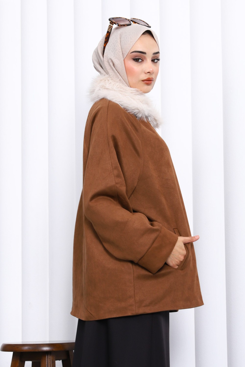İmaj Butik Lacivert Yaka Kürk Detaylı Süet Ceket görsel 4