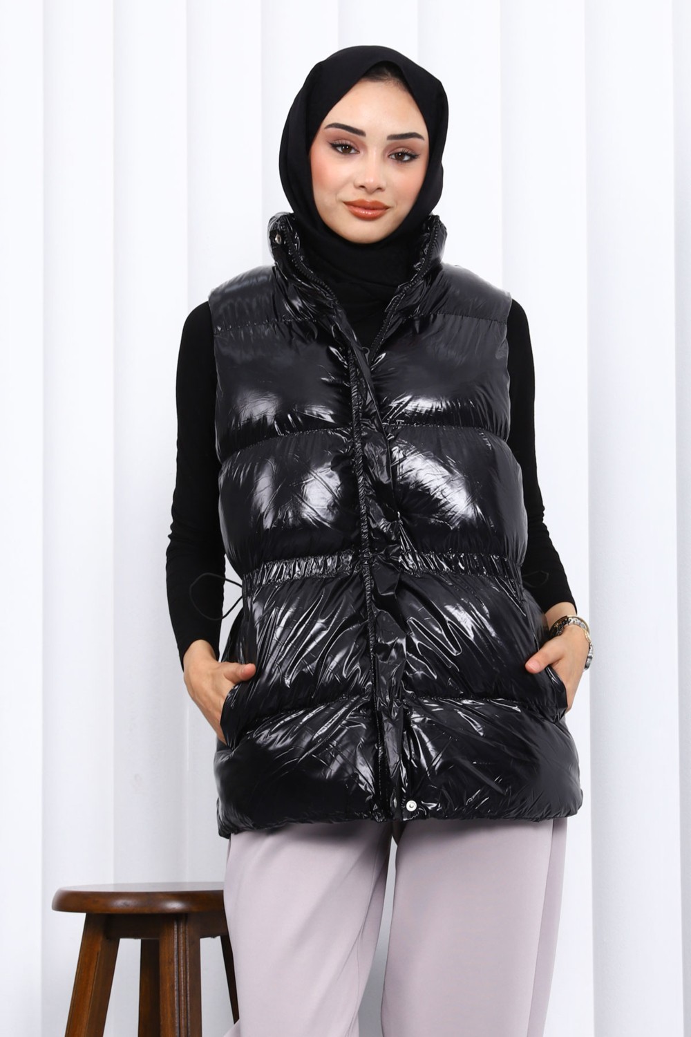 İmaj Butik Siyah Bel Lastikli Çift Cepli Şişme Yelek
