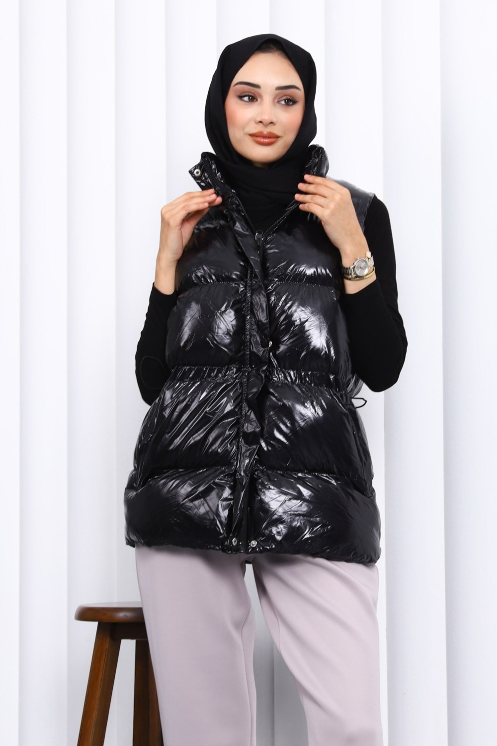 İmaj Butik Siyah Bel Lastikli Çift Cepli Şişme Yelek görsel 3