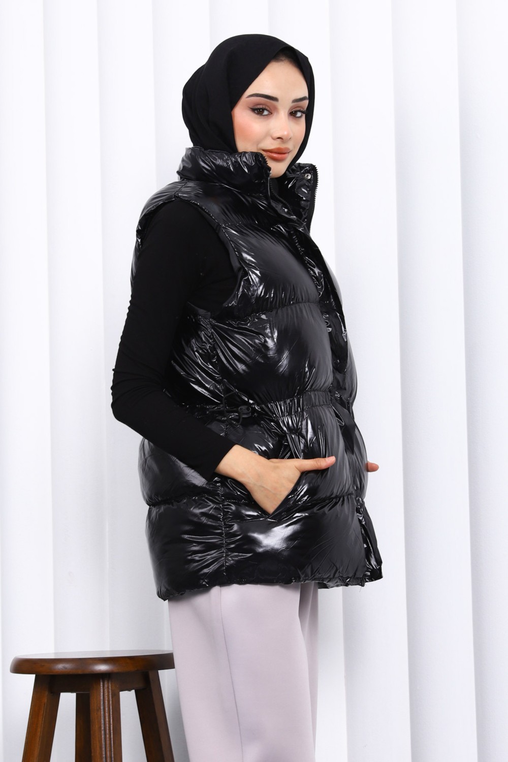 İmaj Butik Siyah Bel Lastikli Çift Cepli Şişme Yelek görsel 4