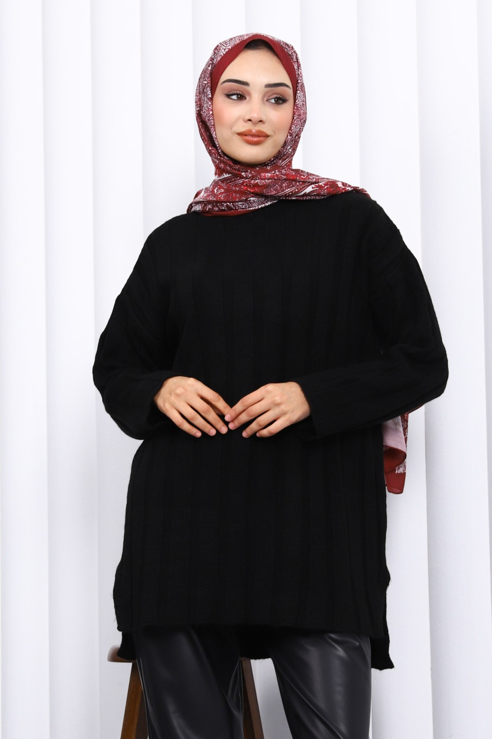 İmaj Butik Bordo Yan Yırtmaçlı Fitilli Triko Tunik
