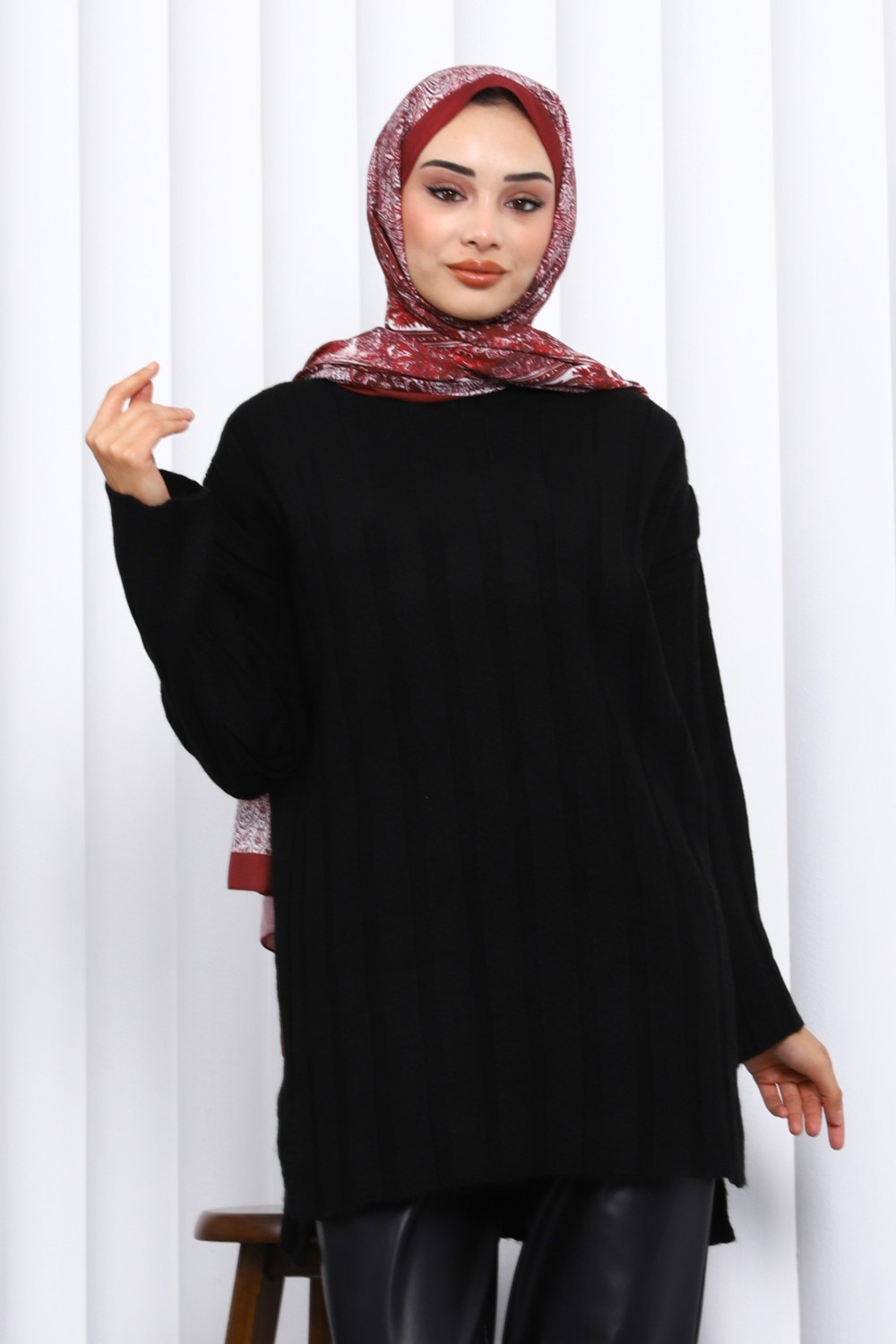 İmaj Butik Bordo Yan Yırtmaçlı Fitilli Triko Tunik görsel 3