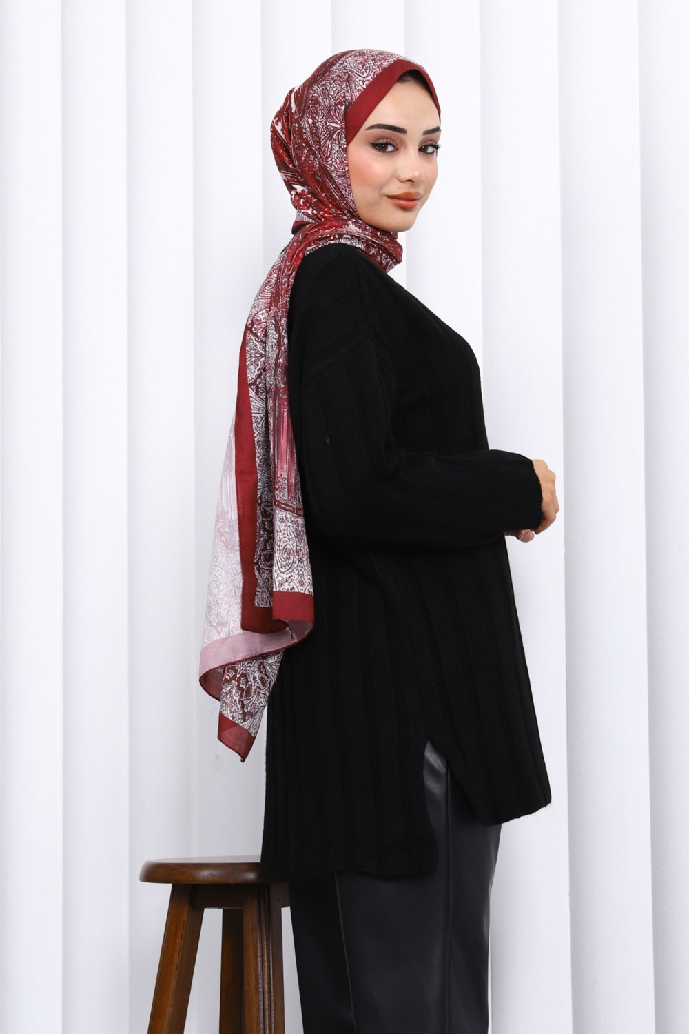 İmaj Butik Bordo Yan Yırtmaçlı Fitilli Triko Tunik görsel 4