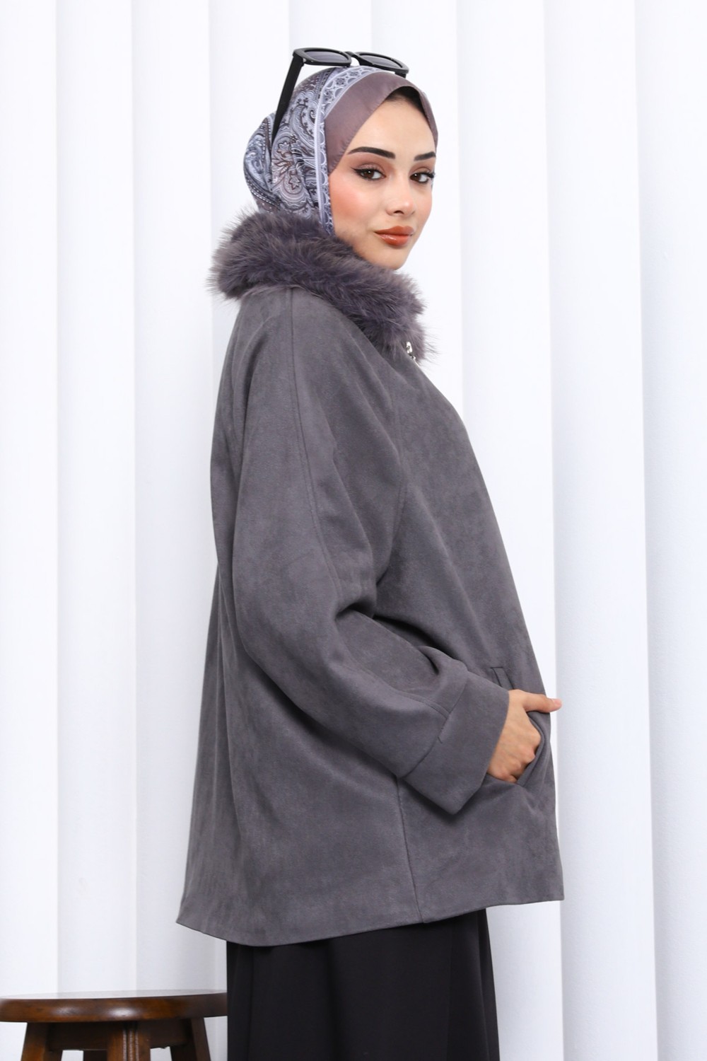 İmaj Butik Lacivert Yaka Kürk Detaylı Süet Ceket görsel 8