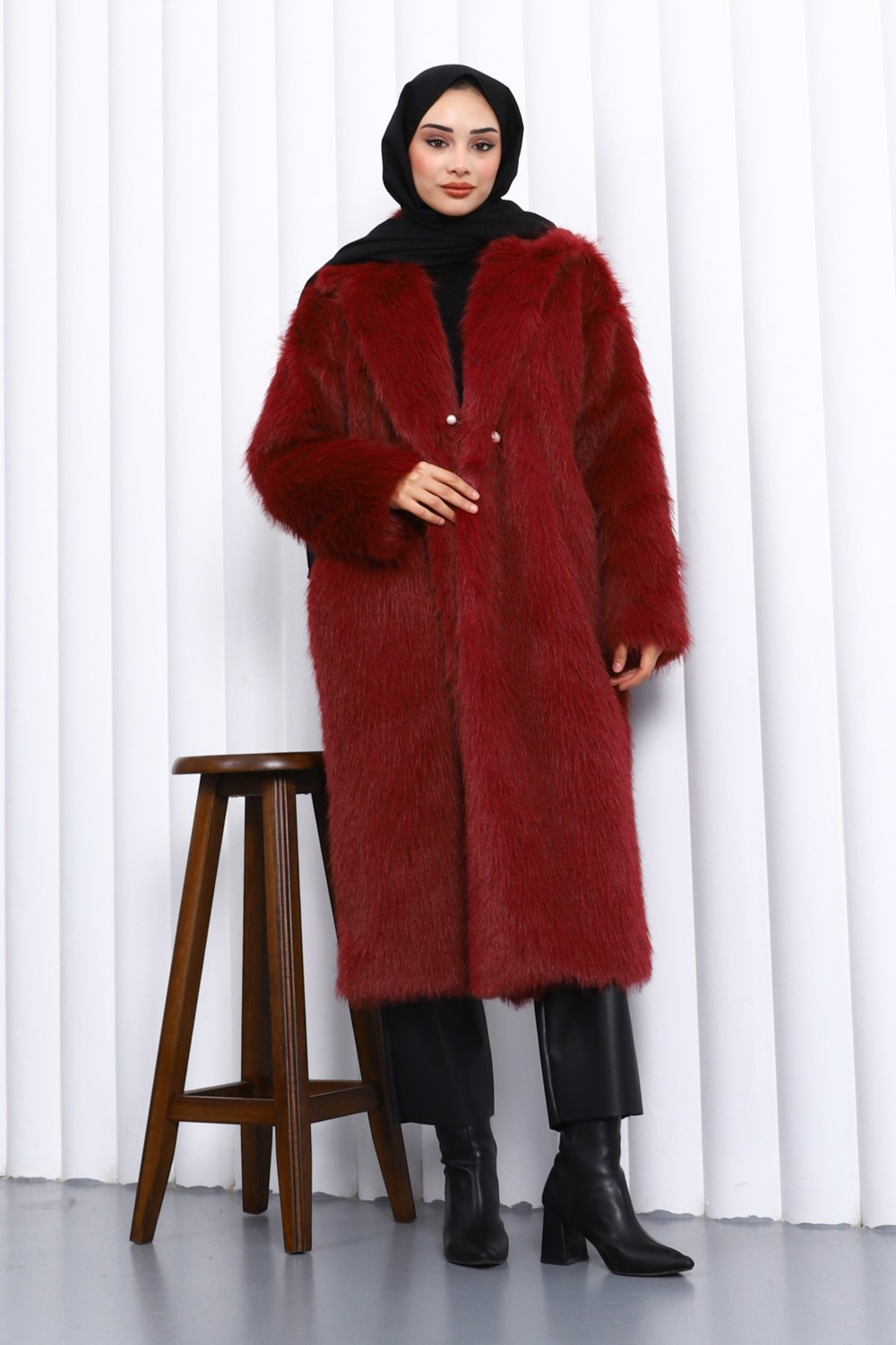 İmaj Butik Bordo Cepli Kürk Kaban