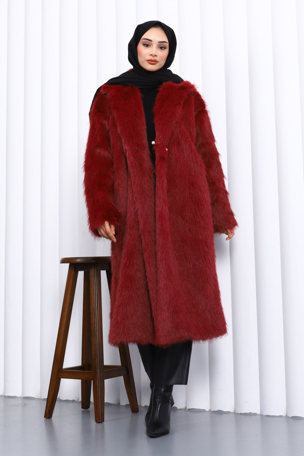 İmaj Butik Bordo Cepli Kürk Kaban görsel 2